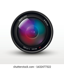 Glossy photographic lens or objective of digital photo camera isolated on white background. Modern electronic optical device for photography, surveillance. Colorful realistic vector illustration.