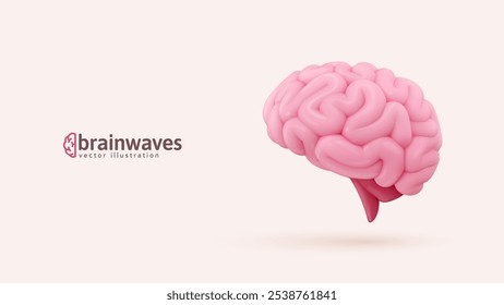 Glossy pink 3D cartoon stylized human brain on white background, symbolizing intellect, cognition, and neuroscience. Medical, educational, or tech designs. Vector illustration.