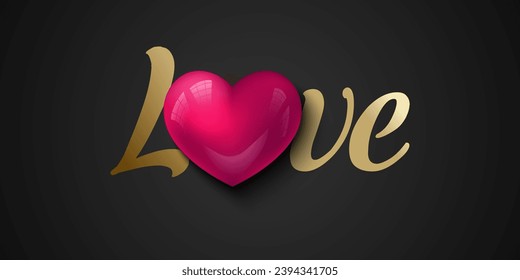 Glossy pink 3d heart with gold Love lettering. Greeting Card heart Patch print art on black background. Valentine's Day love background, romantic vector illustration