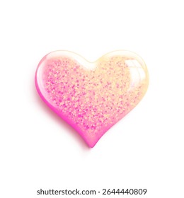 Glossy pink 3d heart icon with glitter isolated on white background. Love symbol for greeting cards, banners for Valentine's Day. Vector illustration