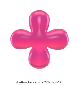 Glossy pink 3D plus sign with gummy jelly texture and molded marmalade candy form
