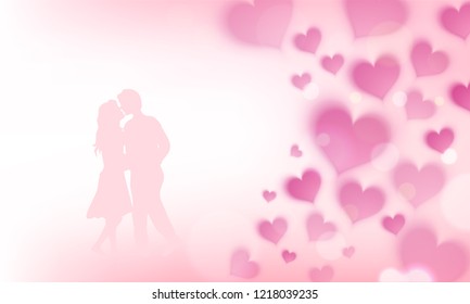 Glossy pink background decorated with hearts and illustration of young couple in love. Valentines day greeting card design.