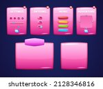 Glossy pink boards with buttons for game interface design. Vector cartoon set of shiny plastic ui elements, frames with settings, options and menu and blank panels