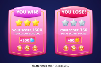 Glossy pink boards with level score, win and lose banners for game ui interface. Vector cartoon set of level achievements with gold stars, coins and buttons isolated on background