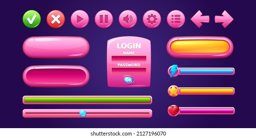 Glossy pink buttons and frames for user interface design in game. Vector cartoon set of ui elements, circle plastic buttons, icons, arrows, bar, slider and login frame