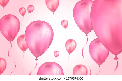 Glossy pink color Flying helium Balloons backdrop with blur effect. Wedding, Birthday and Anniversary Background. Vector illustration for invitation card, party brochure, banner.