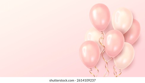 Glossy pink and cream balloons with golden curling ribbons floating on a soft pastel pink gradient background. Celebration concept. Vector illustration