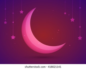 Glossy Pink Crescent Moon on stars decorated glowing background for Muslim Community Festival celebration.