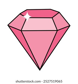 Diamante rosa brillante en diseño plano con trazo de contorno negro. Ilustración vectorial aislada dibujada a mano con trazo editable