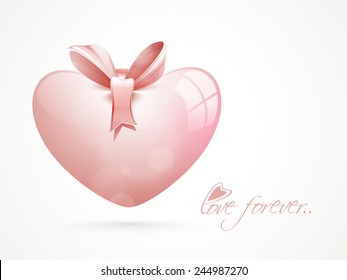 Glossy pink heart with ribbon for Happy Valentines Day celebration.