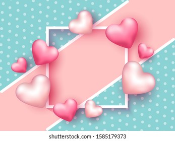 Glossy Pink Hearts Decorated Empty Square Frame on Turquoise Polka Dots Background.