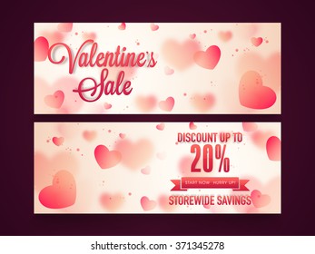 Glossy pink hearts decorated Sale website header or banner set with 20% discount offer on occasion of Valentine's Day.