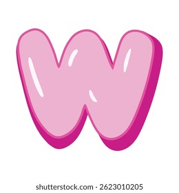 Glossy pink letter W in cartoon bubble style. Cute and playful 3D alphabet design . Isolated on white background