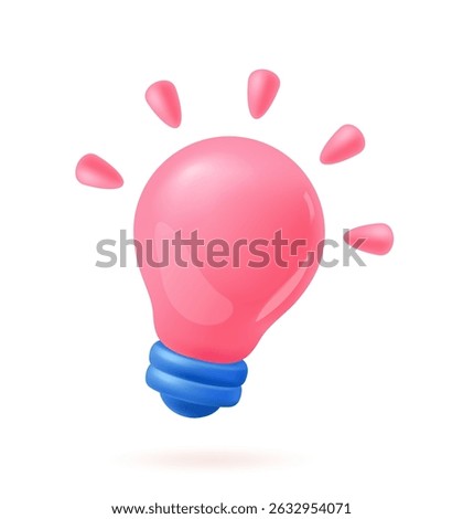 Glossy pink light bulb with blue base and glowing elements on clean white background, symbolizing creativity, innovation and bright ideas. Soft 3d vector illustration