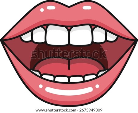 Glossy Pink Lips with Teeth Open Smile Vector Illustration for Fashion and Pop Art Designs