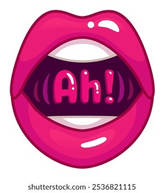 Glossy pink lips of a woman are widely open, saying ah. with visible sound vibrations