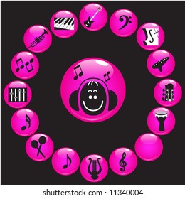 Glossy pink music icons (vector)