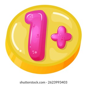 Símbolo de um plus rosa brilhante em um fundo amarelo redondo representando jogos educativos para crianças pequenas e pré-escolares, promovendo a aprendizagem e diversão