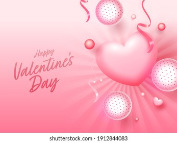 Glossy Pink Rays Background Decorated With Hearts, Ribbons And 3D Balls Or Sphere For Happy Valentine's Day.