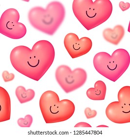 Glossy pink and read vector smiling hearts Valentines day vector seamless pattern tile