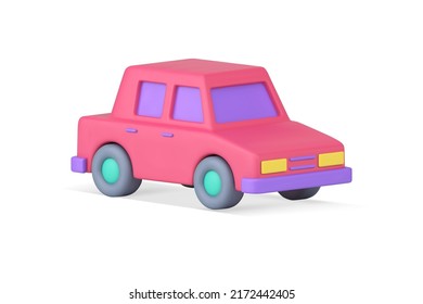 Glossy pink retro automobile with windows and headlights realistic 3d icon vector illustration. Vintage sedan motor car for speed driving and comfortable passengers transportation isometric badge