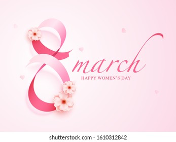 Glossy Pink Ribbon Arranged in Shape 8 March Decorated with Flowers for Happy Women's Day.