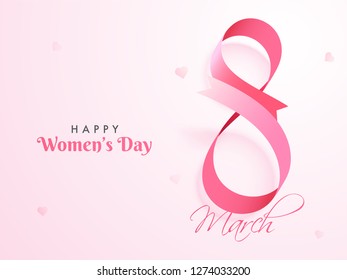 Glossy pink ribbon arranged in text eight on glossy pink background. Happy Women's Day poster greeting card design.