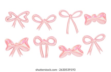 Fita rosa brilhante e conjunto de elementos de arco. Uma fita rosa brilhante e conjunto de elementos de arco com contornos inchados simples loops e formas largas em estilo de gelatina doce. Perfeito para design de embalagens bonito feminino