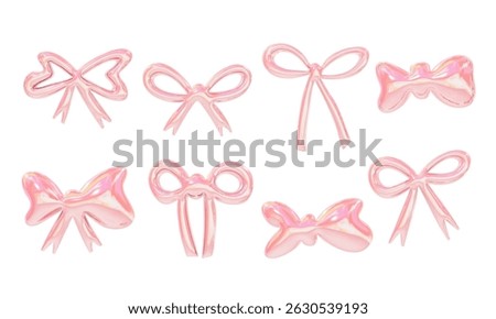 Glossy Pink Ribbon and Bow Element Set. A glossy pink ribbon and bow element set featuring puffy outlines simple loops and wide shapes in jelly candy style. Perfect for girly cute packaging designs