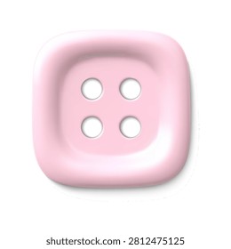 Glossy pink sewing button 3D vector element. Rounded square button with four holes as an isolated clipart element. Craft, tailoring, garment and textile icon for clothing and haberdashery.