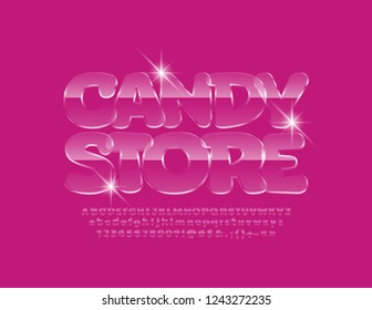 Glossy pink Sign Candy store. Kids glass Font. Sweet Alphabet Letters, Numbers and Symbols.