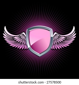 Glossy pink and silver shield emblem with background wings
