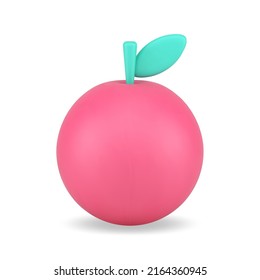Glossy pink sphere shape apple with green leaf natural fruit realistic 3d icon vector illustration. Bright organic seasonal harvest sweet delicious food ripe juicy fresh edible plant decorative design