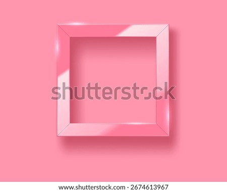 Glossy pink square frame on pink background. Minimalist feminine glamorous frame with reflection. Breast cancer awareness copy space banner template