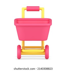 Glossy pink supermarket trolley business shopping retail mobile application 3d icon vector illustration. Realistic hypermarket pushcart front view decorative design. Handcart digital store purchase