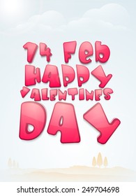 Glossy pink text 14 Feb, Happy Valentine's Day on shiny cloudy sky background.