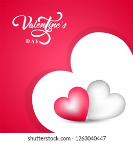 Glossy pink and white heart shapes on red background for Happy Valentines day greeting card design.