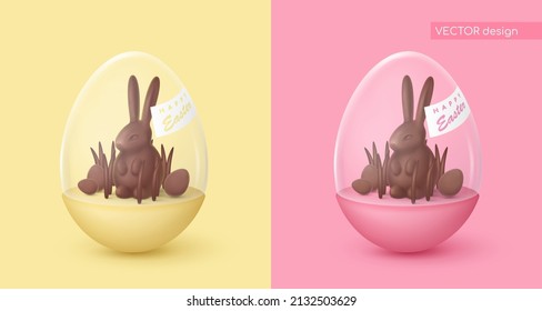 Glossy pink and yellow egg case, box with glass dome and chocolate rabbit, bunny, grass, mini eggs. Happy Easter poster. Vector illustration for card, party, design, flyer, banner, web, advertising.
