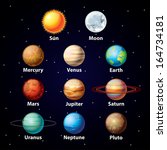 Glossy planets colorful vector set on dark sky background
