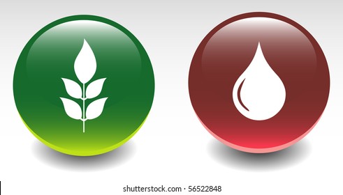 Glossy Plant and Water Drop Sign Icons