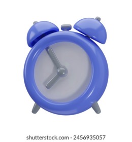 Icono de alarma de dibujos animados 3d de plástico brillante. Reloj de mesa azul vintage realista con sombra. Ilustración vectorial Aislada sobre un fondo transparente.