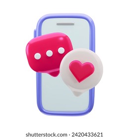 Glossy plastic 3D social communication, love chat on phone. Smartphone with speak bubbles with heart. Social media concept, valentine love. App design, 3D render vector illustration