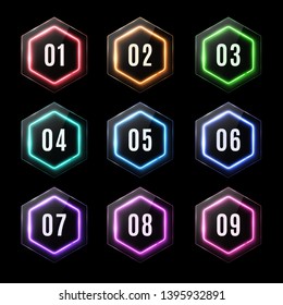 Glossy plastic banners set with led frame. Shiny neon lights hexagons for business design infographics report, number options, step presentation workflow layout. Clean modern style vector illustration