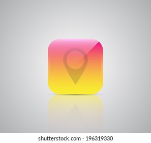 Glossy plastic button with map pointer icon, reflection and stripped pattern. Clean and modern design style 