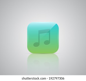 Glossy plastic button with music icon and reflection. Clean and modern design style