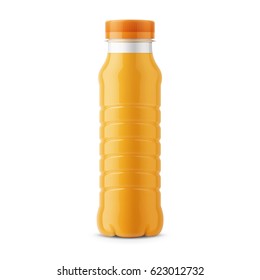 Glossy plastic PET bottle with screw cap for orange juice. 260 ml. Realistic packaging mockup template. Front view. Vector illustration.