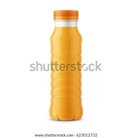 Glossy plastic PET bottle with screw cap for orange juice. 260 ml. Realistic packaging mockup template. Front view. Vector illustration.