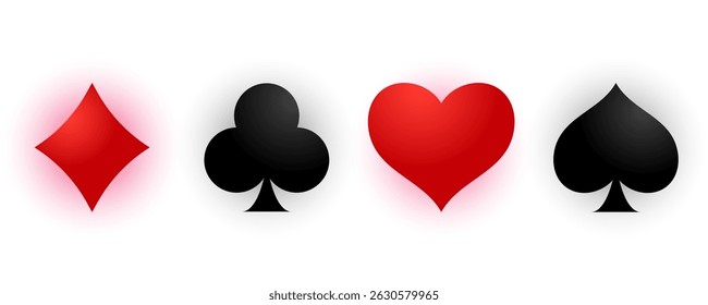Glossy playing card suits. Red heart and diamond, black spade and club icons with gradient shine. Classic casino and poker symbols. Card game suit set vector illustration.