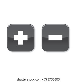 Glossy plus and minus rounded square shape icons with shadow, dark grey plus and  minus , vector, isolated on white background