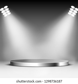 Glossy podium and spotlights. Round metall pedestal. Scene. Vector illustration.